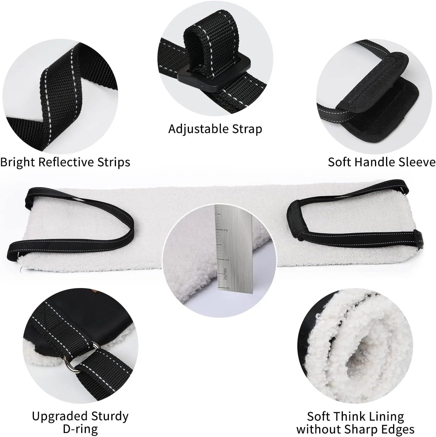Portable dog sling with reflective nylon straps and padded handle, supporting a dog's hind legs