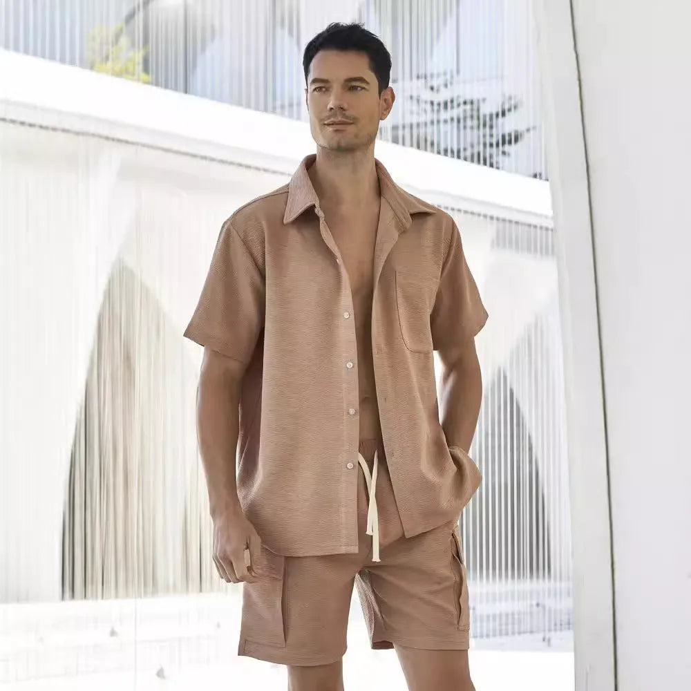 Women's plain polyester two-piece shorts set with elastic waistband, shown in beige colour.
