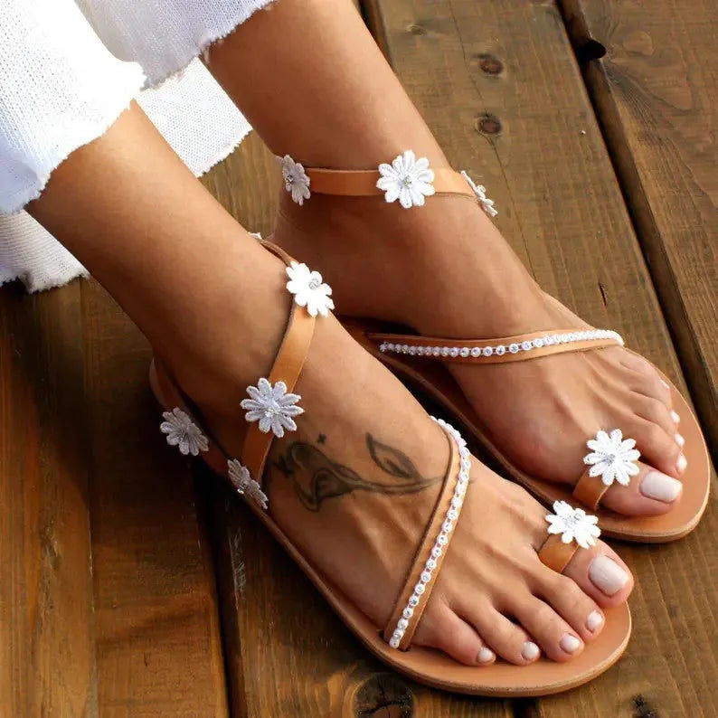 Brown floral pattern ladies Roman sandals with flat rubber sole and sleeve design