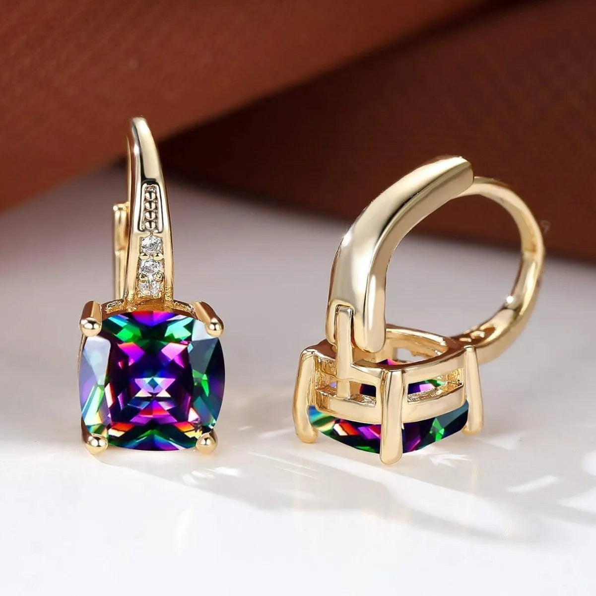 Square geometric ear clip with colourful moissanite inlays and gold electroplated finish
