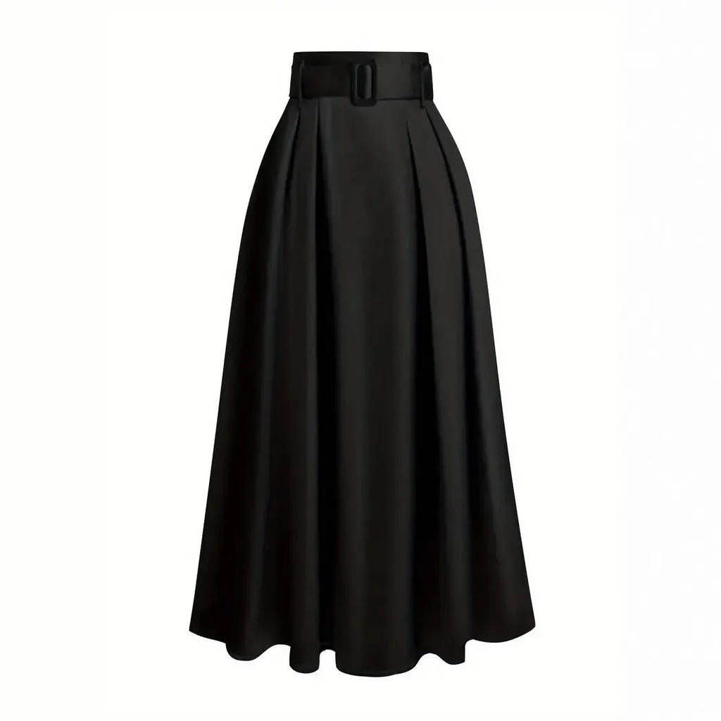 Women's high waist pure colour satin lace-up skirt in black polyester fabric, front view