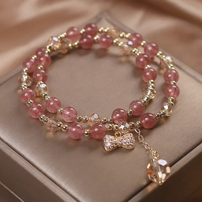Double-layer crystal bracelet with Lucky Cat charm in Red Cat's Eye Flowers colour