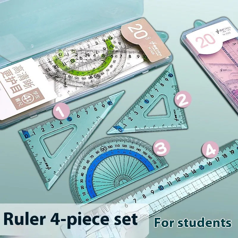 Transparent acrylic geometry ruler set with protractor, square, triangle, and ruler on a drawing