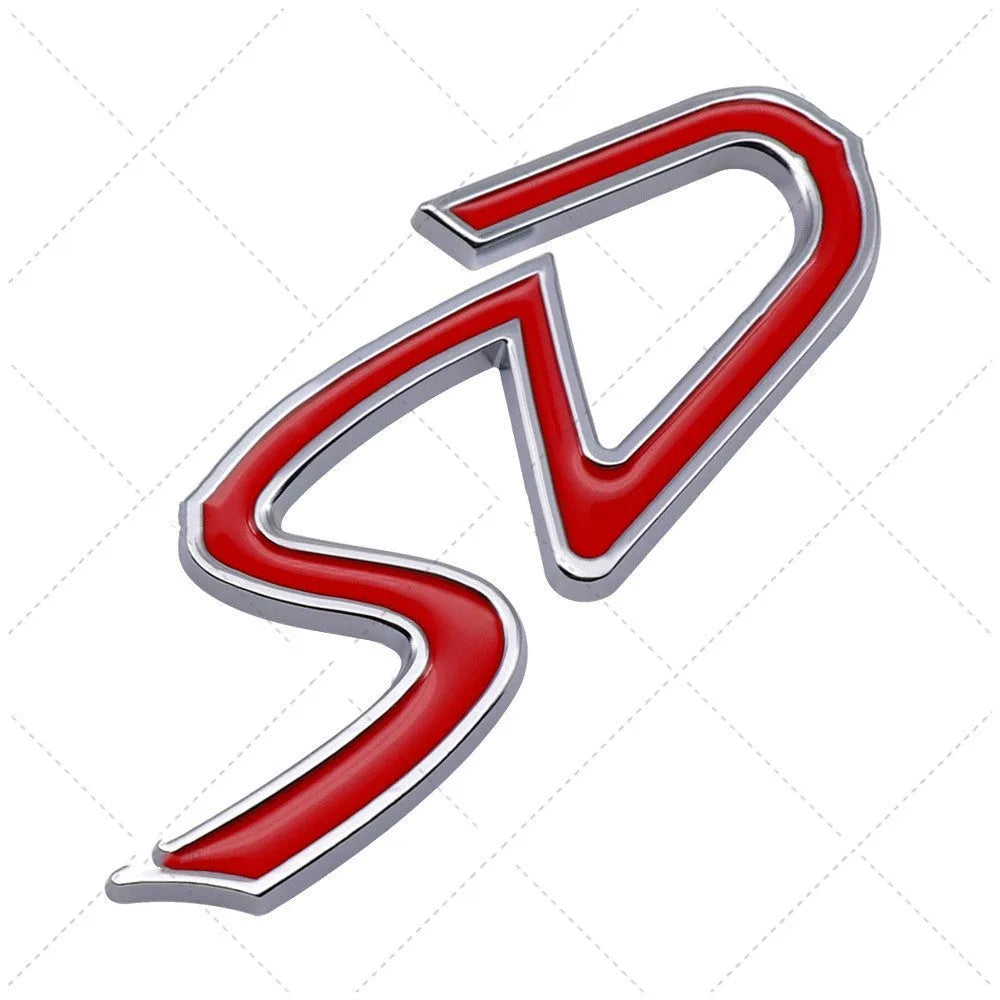 SD and D series metal decorative car sticker in red and black colour combination showing dimensional construction