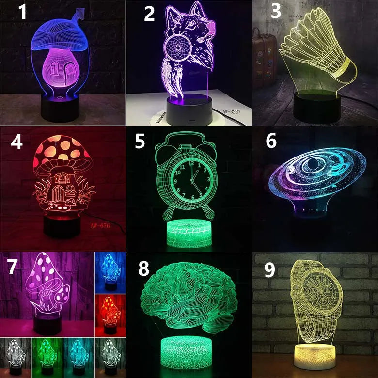 3D LED desk lamp with acrylic board and ABS base, showing remote control and USB cable