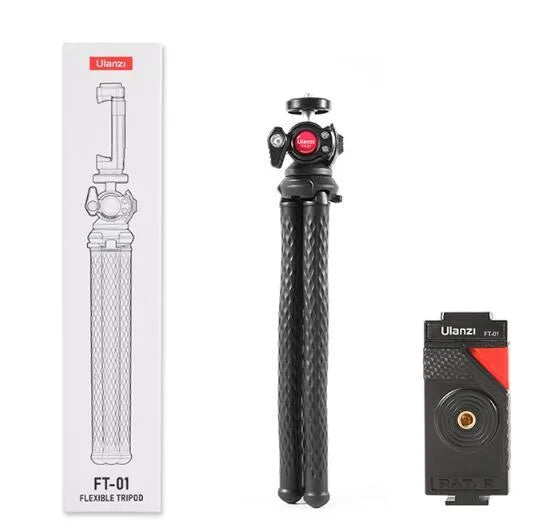 Black octopus-style flexible phone tripod with extended legs and mobile phone clip attached