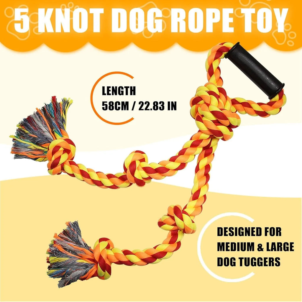 Blue and yellow cotton rope dog toy with reinforced centre connector for large breed chewing
