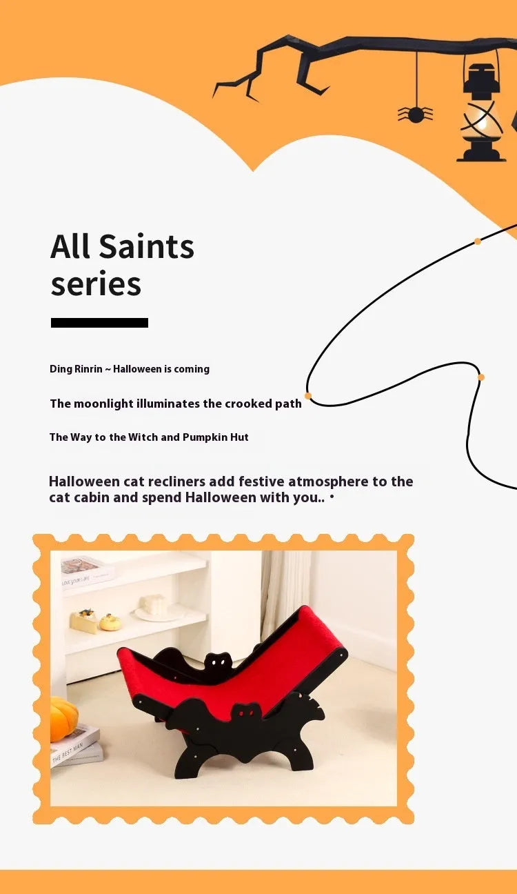 Black and red bat-shaped wooden cat recliner bed with Halloween theme