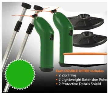 Cordless handheld zip trimmer with extension pole and debris shield on grass