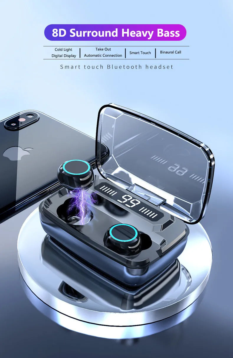 Black M11 style wireless Bluetooth headset with digital display and IPX7 waterproof rating.