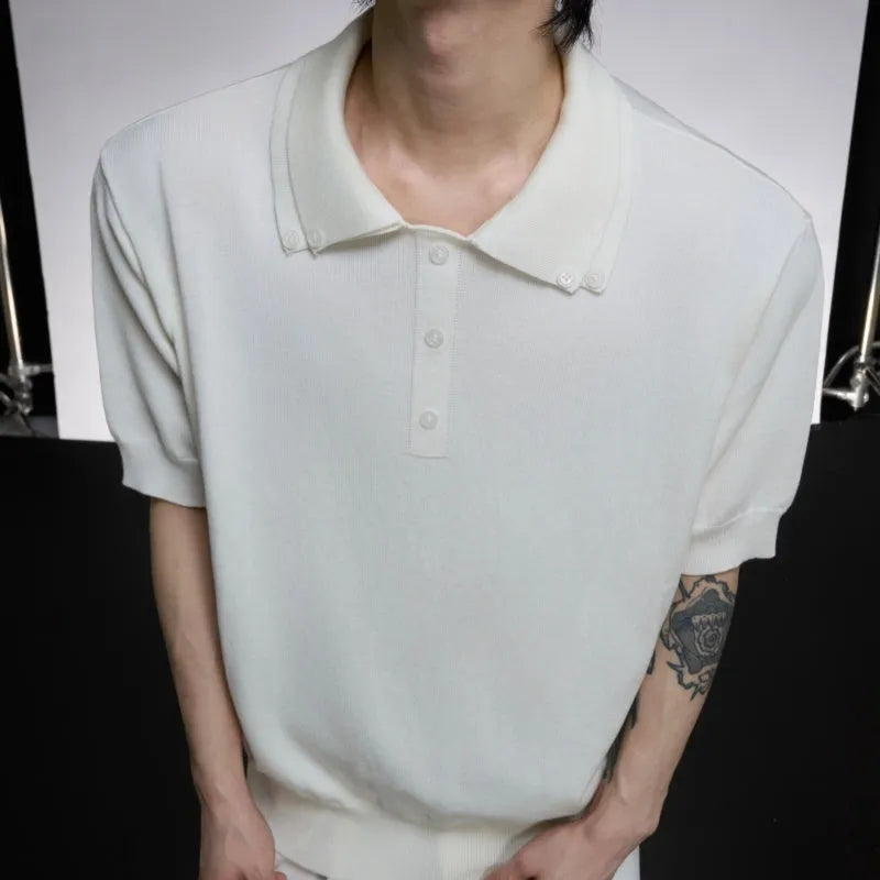 Men's black short sleeve shirt with a double lapel collar and loose fit.
