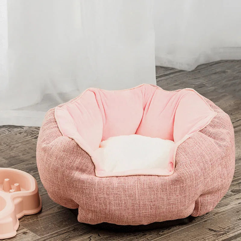 Warm winter pet bed octagonal shape with wool point design and removable mats in blue for cats and small dogs