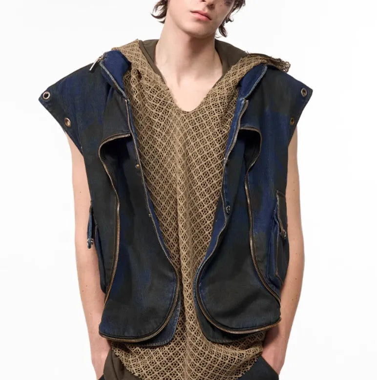 Blue heavy industry hooded denim vest and matching trousers set on a model, showing zippered front and Korean style.
