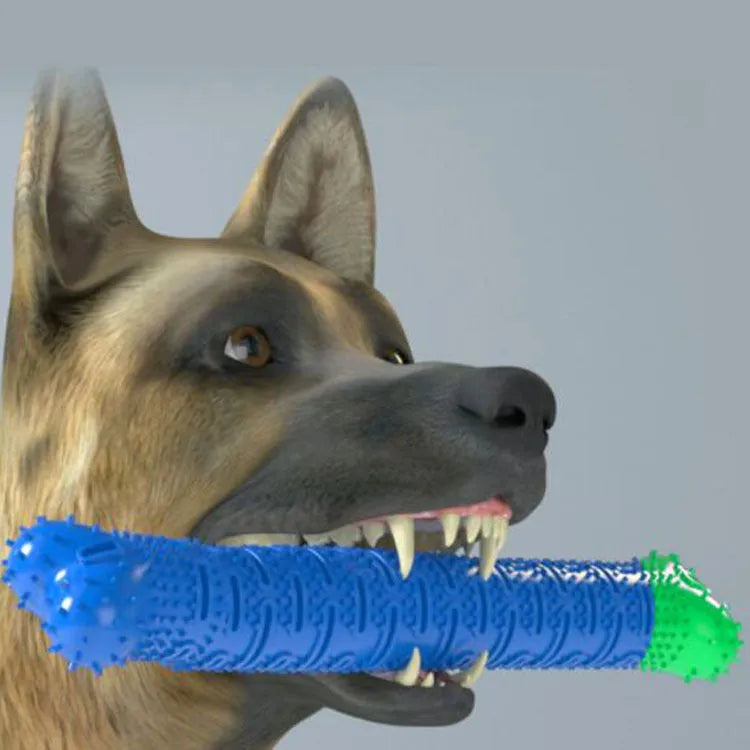 Blue-green dog molar tooth cleaner with serrated brush head design and silicone massage nodules
