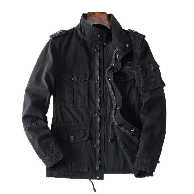 Men's casual retro cotton twill jacket loose fit zip up in light army green colour, front view