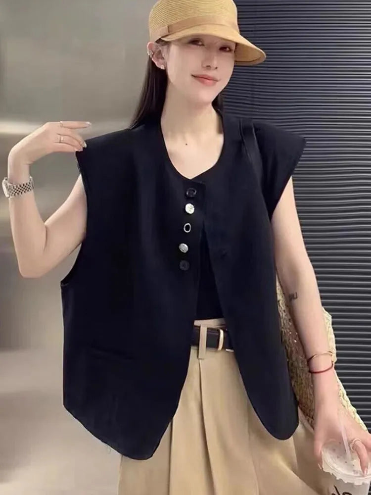 Women's loose fit vest in black with pocket detail and short length