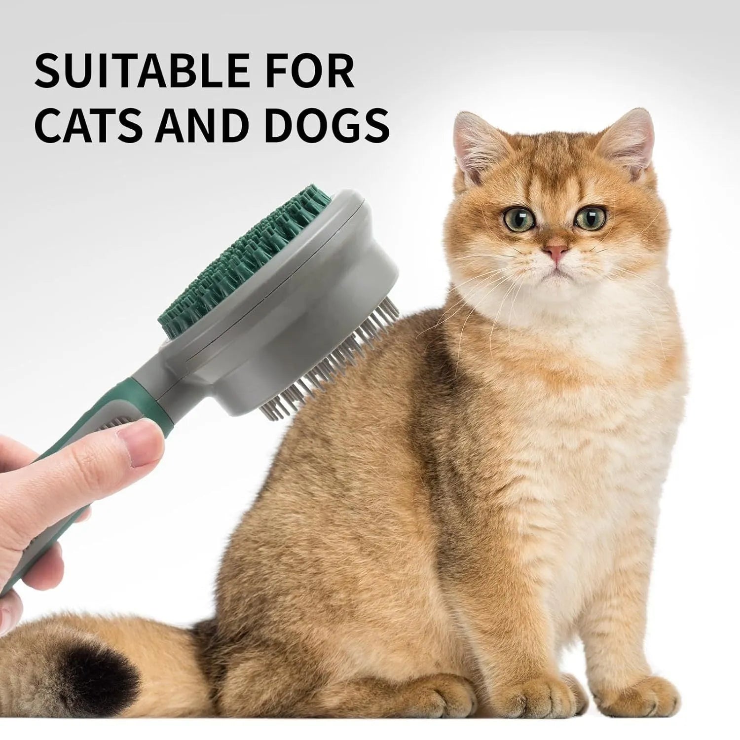 Green and pink two-sided silicone pet grooming brush with slicker brush and massage head.