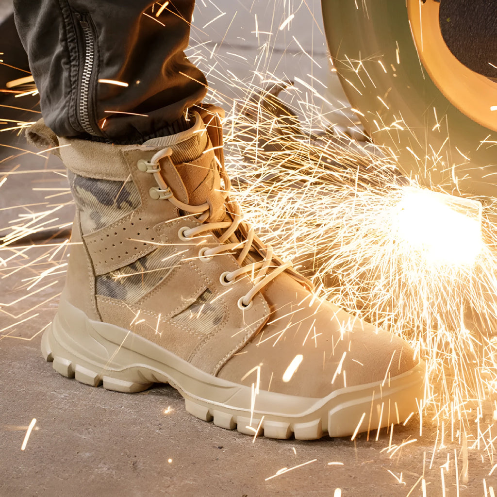 Khaki suede combat boots with steel toe cap and front lace-up closure on outdoor ground