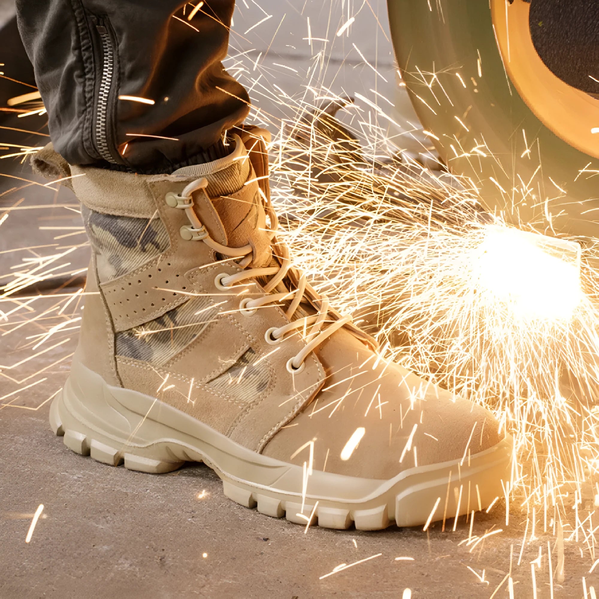 Khaki suede combat boots with steel toe cap and front lace-up closure on outdoor ground