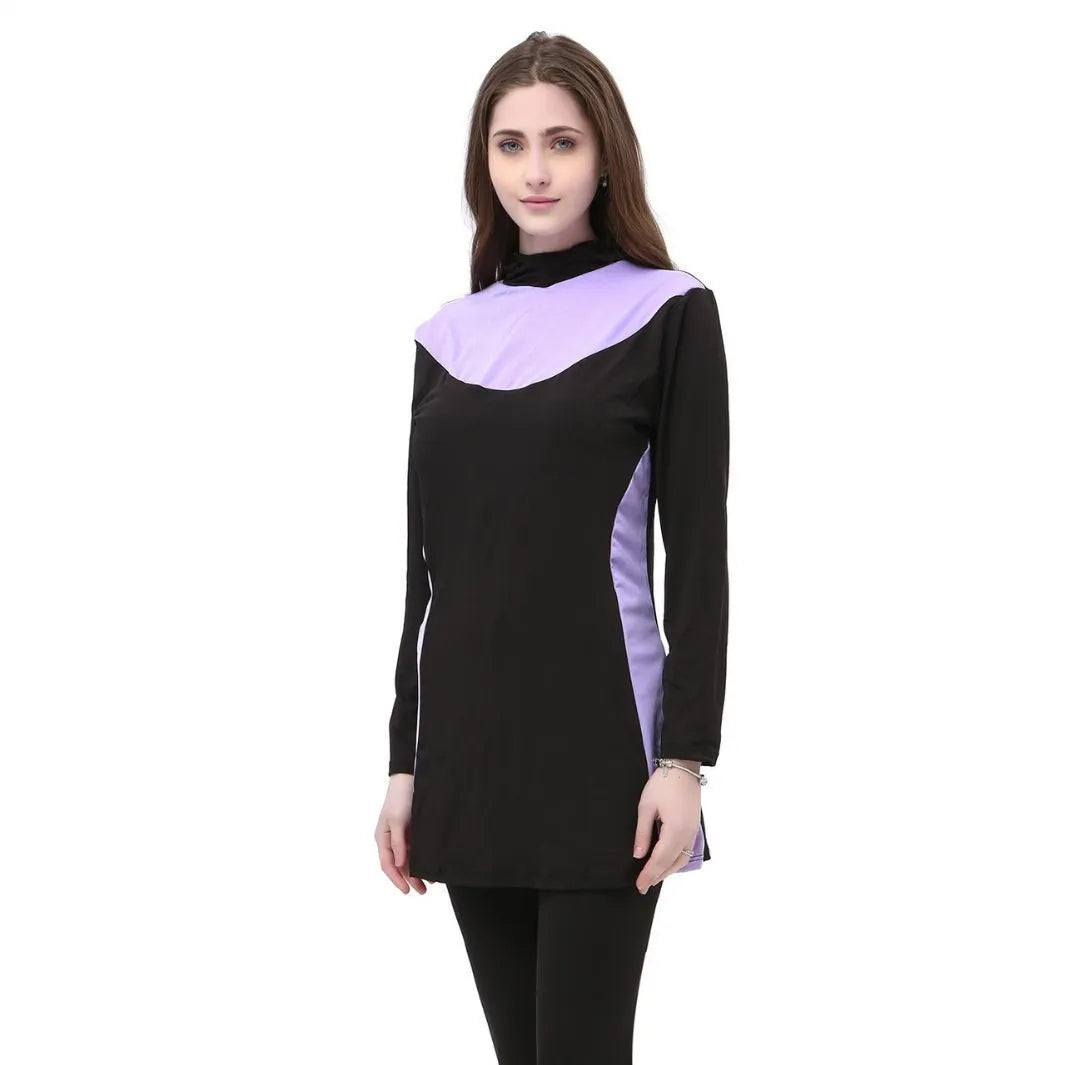 Conservative women's hooded long sleeve one-piece swimsuit for swimming, shown in black with rose red colour.