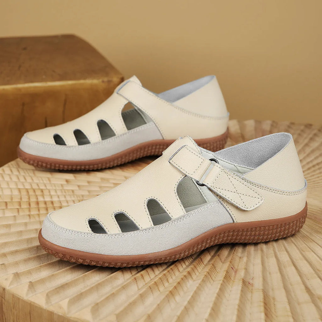 Plus size women's flat heel sandals with hollow toe cap in blue, quick-drying waterproof PU upper, thick rubber sole