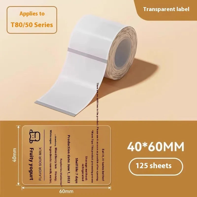 Assortment of transparent waterproof adhesive labels in various rectangular and round sizes on a sheet.