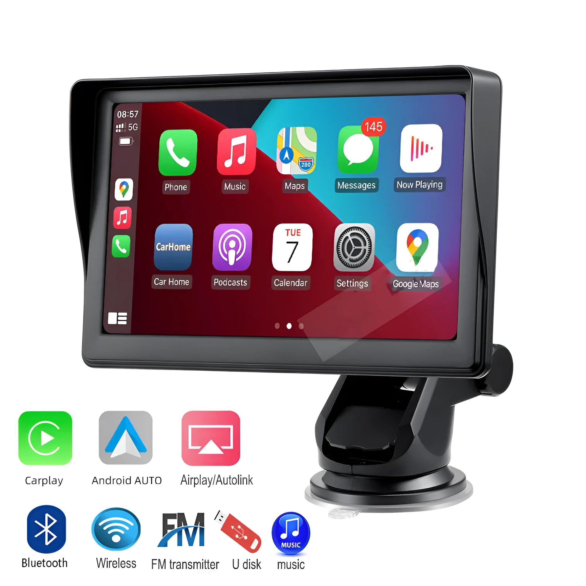 7-inch portable car smart display screen with retractable bracket mount for wireless Carplay projection