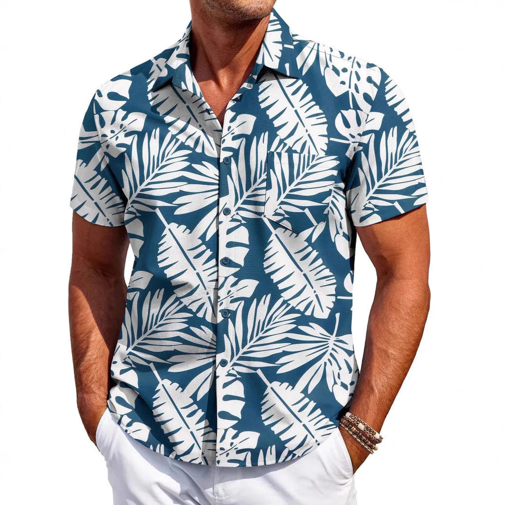 Men's slim fit Hawaiian shirt with tropical print and short sleeves on mannequin
