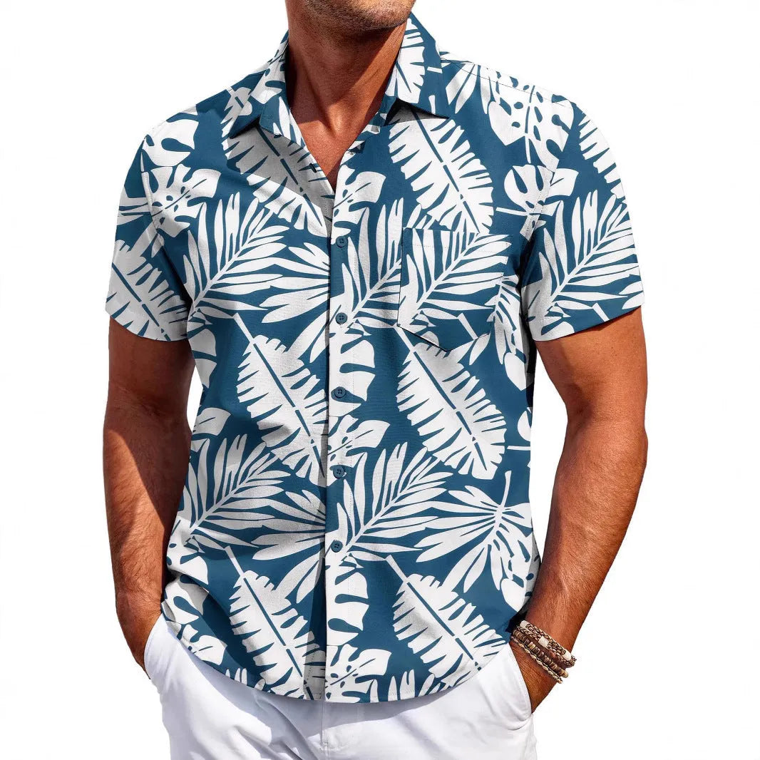 Men's slim fit Hawaiian shirt with tropical print and short sleeves on mannequin