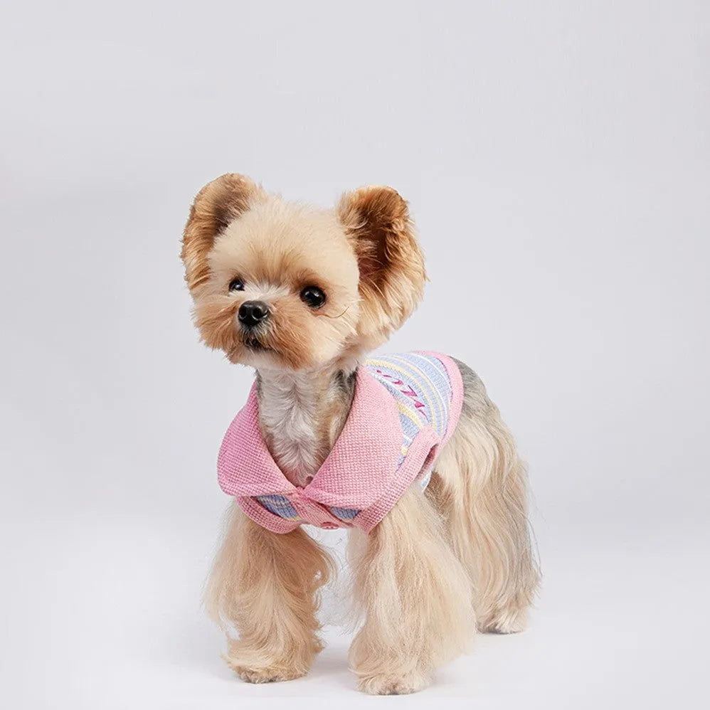 Pink purple sleeveless autumn vest for a small dog on a weight-based size chart.