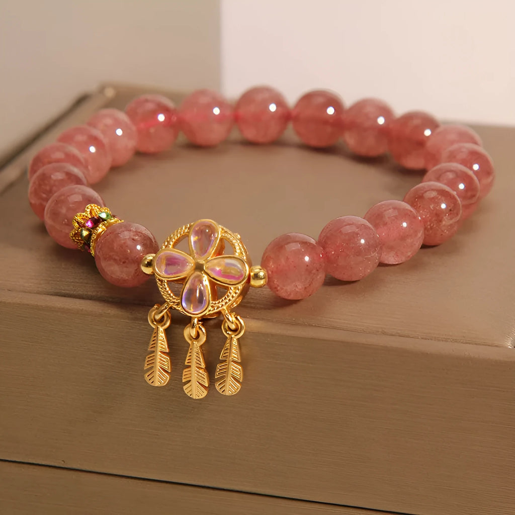Natural strawberry quartz bracelet with four-leaf dream catcher pendant on adjustable cord, women's original design