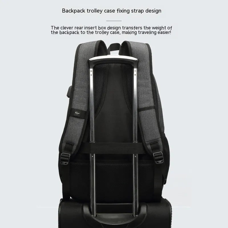 Grey lightweight backpack with USB charging port showing dimensions and trolley case slot