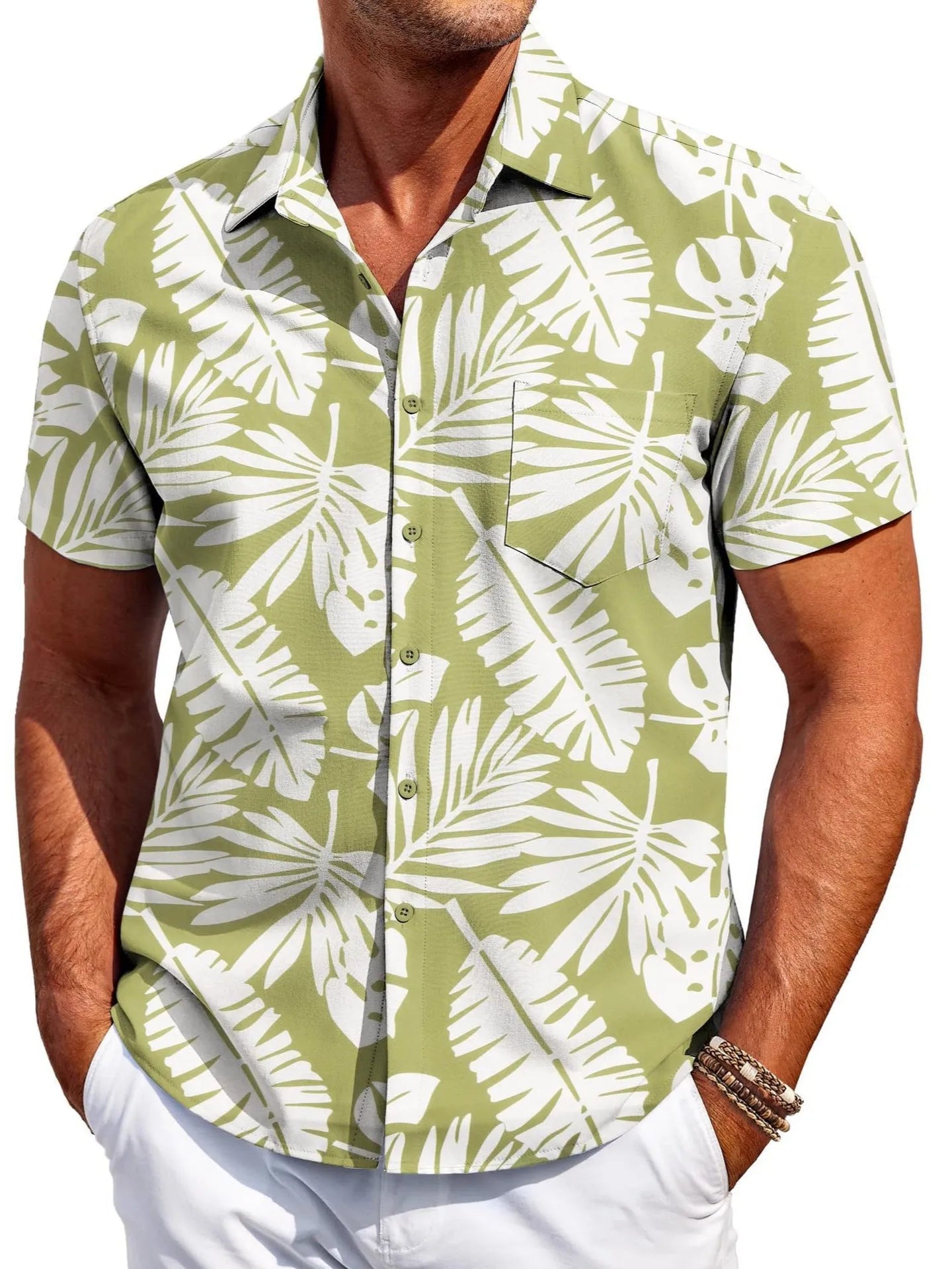 Men's slim fit Hawaiian shirt with tropical print and short sleeves on mannequin