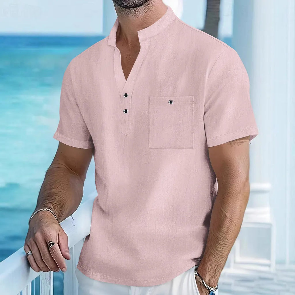 Men's loose fit stand collar linen short sleeve t-shirt in light blue colour.