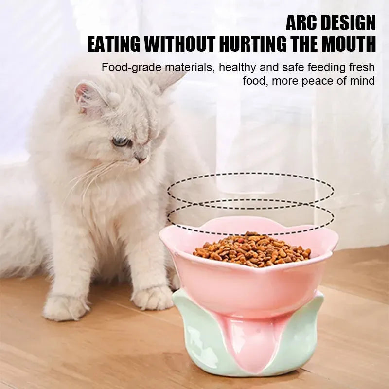 Blue floral ceramic raised pet feeding bowl with non-slip base for cats and small dogs