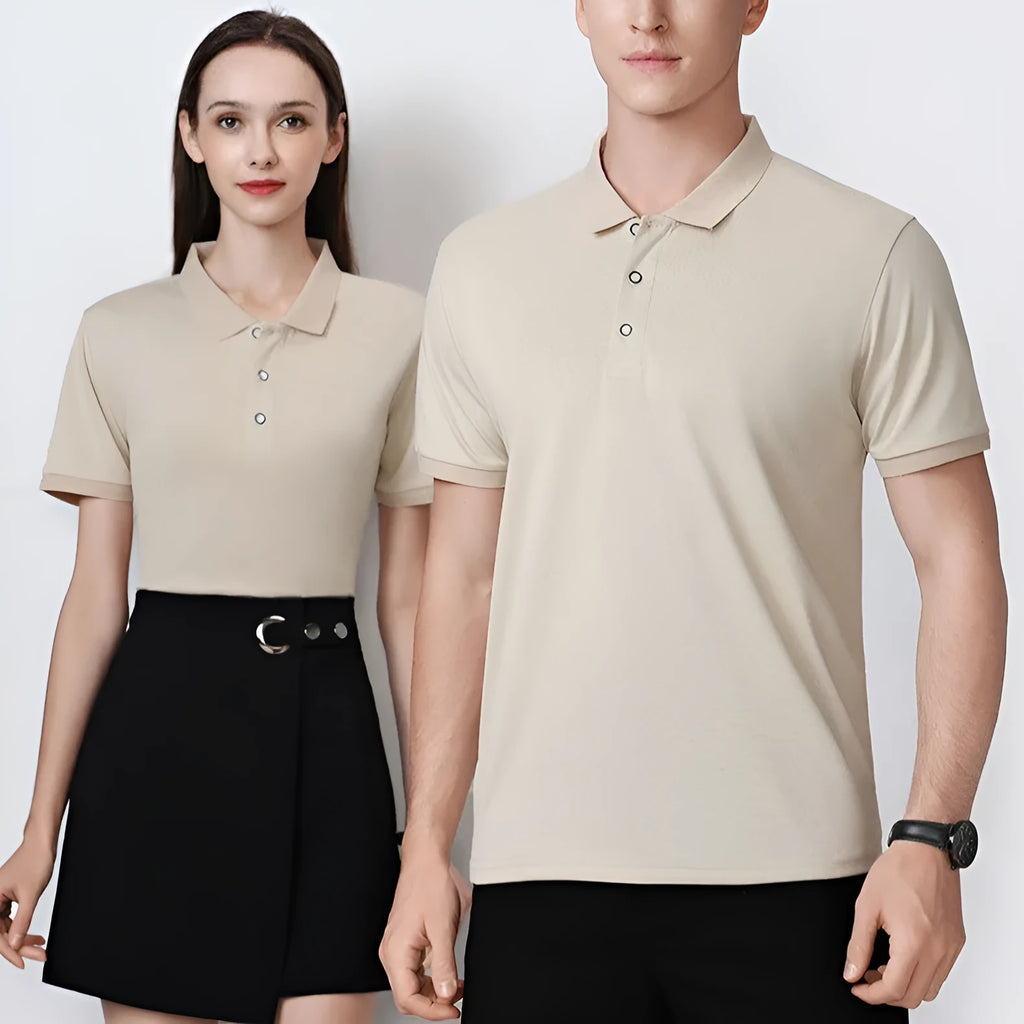 Ice silk short sleeve pullover polo shirt overalls on a hanger, showing the collar and logo-ready front.