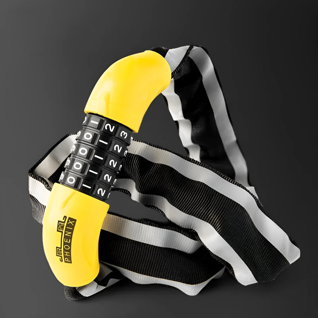 Black zinc alloy mountain bike chain lock with a 95cm length shown next to a yellow combination lock variant.