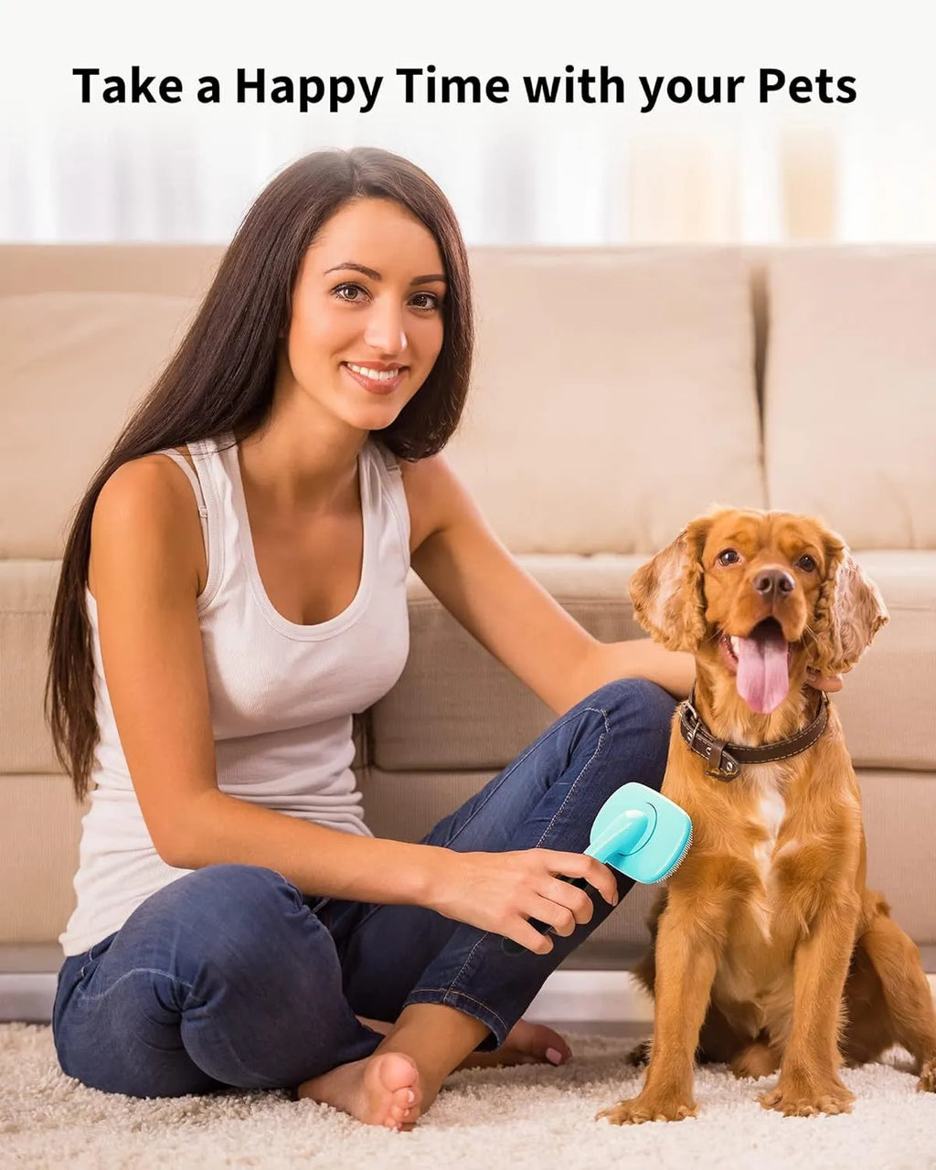 Rectangular pet grooming brush with stainless steel bristles and blue rubber handle on white background