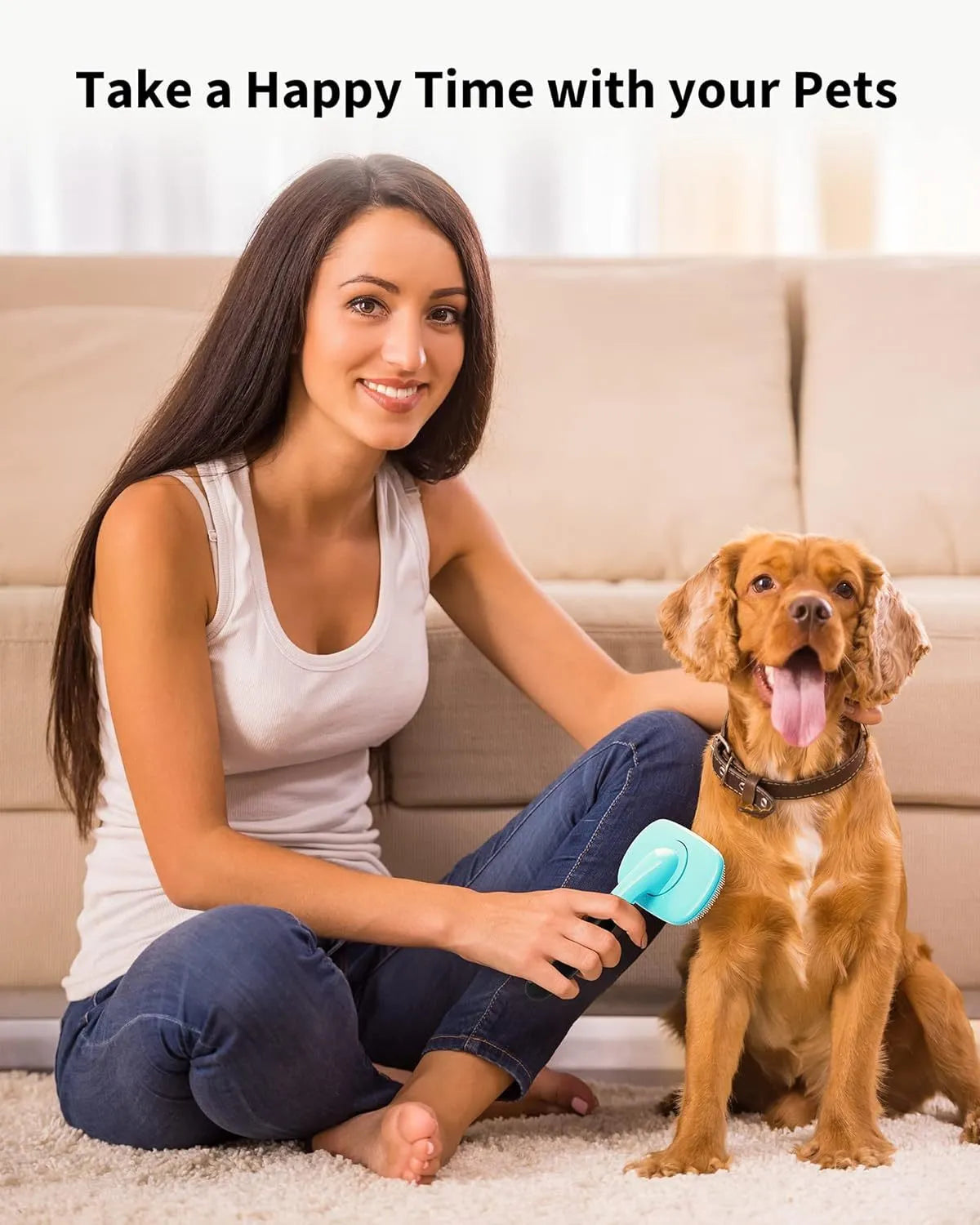 Rectangular pet grooming brush with stainless steel bristles and blue rubber handle on white background
