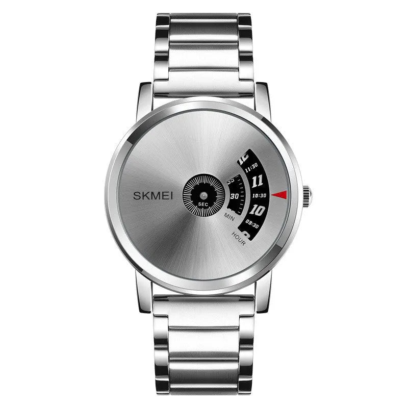 Creative business men's quartz watch with 39mm silver dial, stainless steel back, and alloy case on a steel belt
