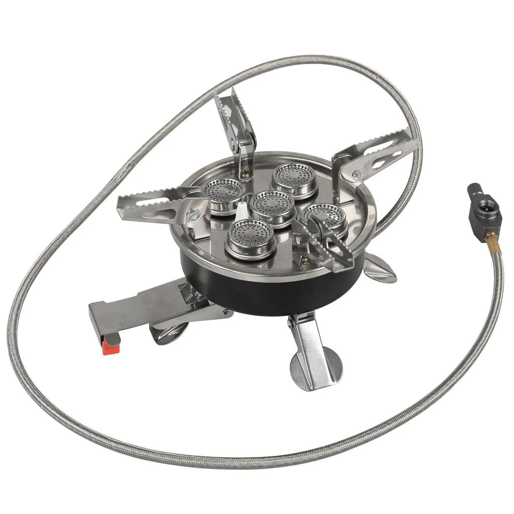 Silver portable split camping stove made of stainless steel and copper, shown in folded position.