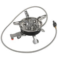 Silver portable split camping stove made of stainless steel and copper, shown in folded position.