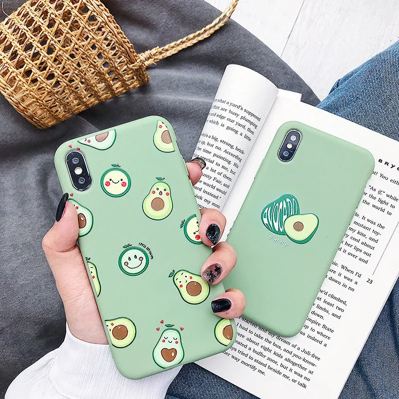 Green avocado cartoon design on a flexible black TPU phone case for iPhones and Android.