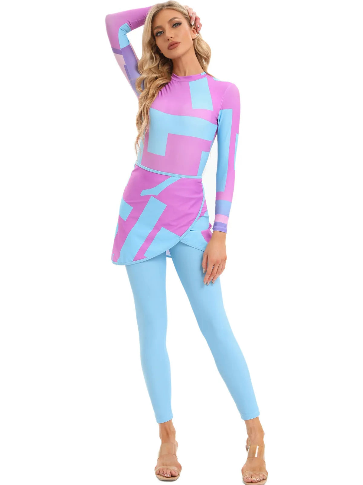 Muslim conservative three-piece swimsuit set with apron in blue, letter print, or foam colour.