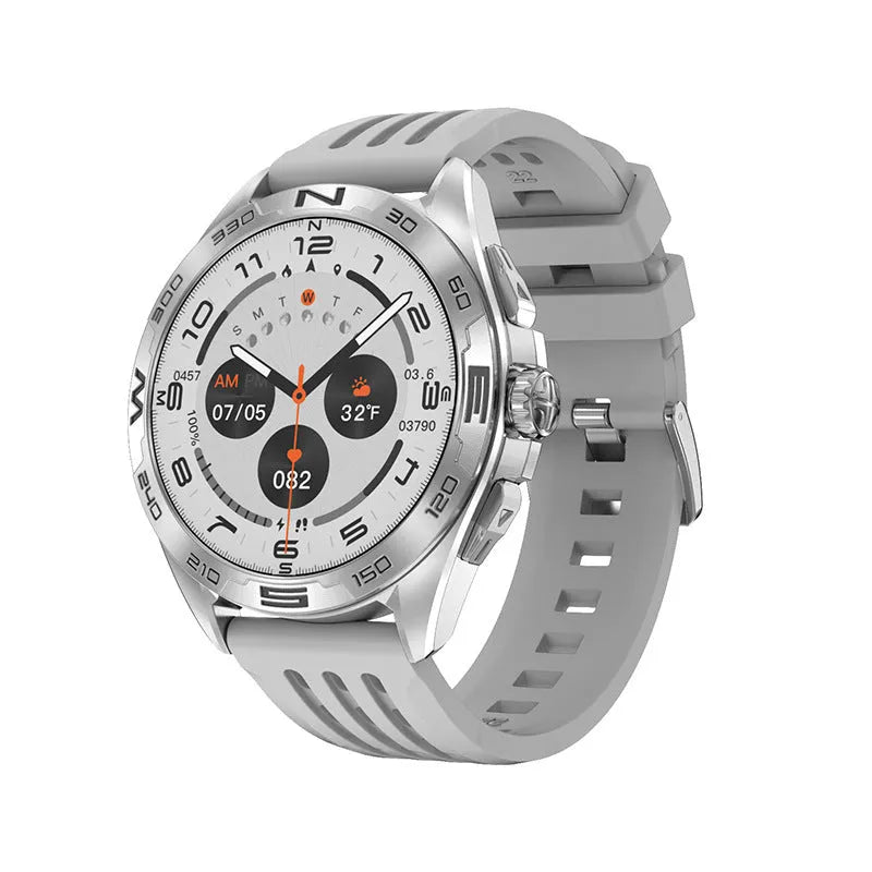 Smart watch for men showing health stats on display, in black steel finish on a wrist.