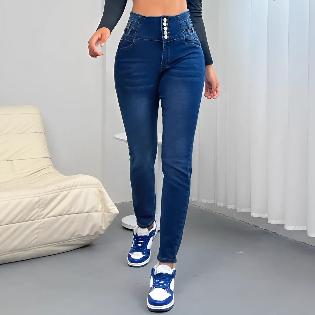 Women's dark blue straight-leg jeans trousers with button detailing and zipper fastening