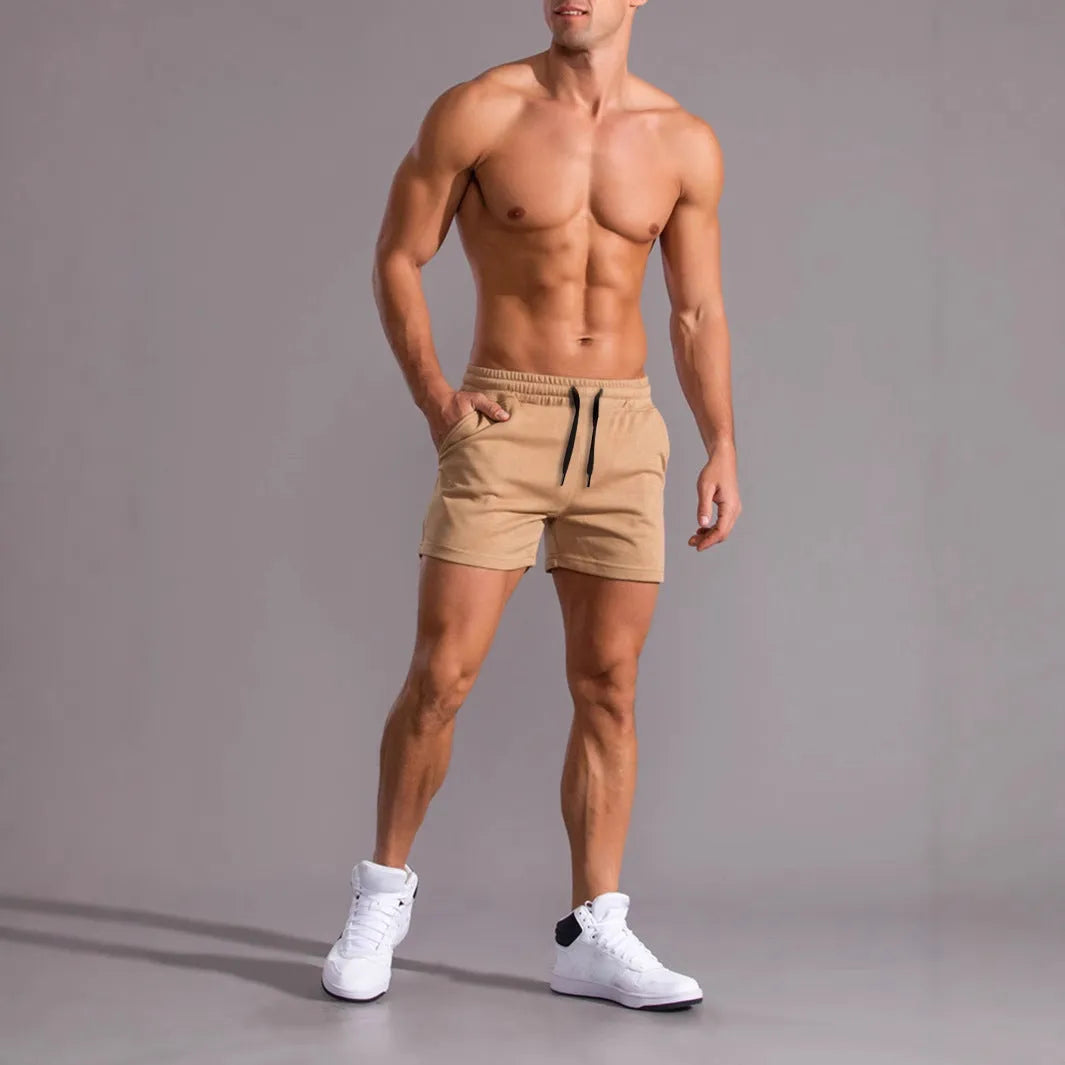 Men's three-piece drawstring shorts set in black, khaki and light brown colours