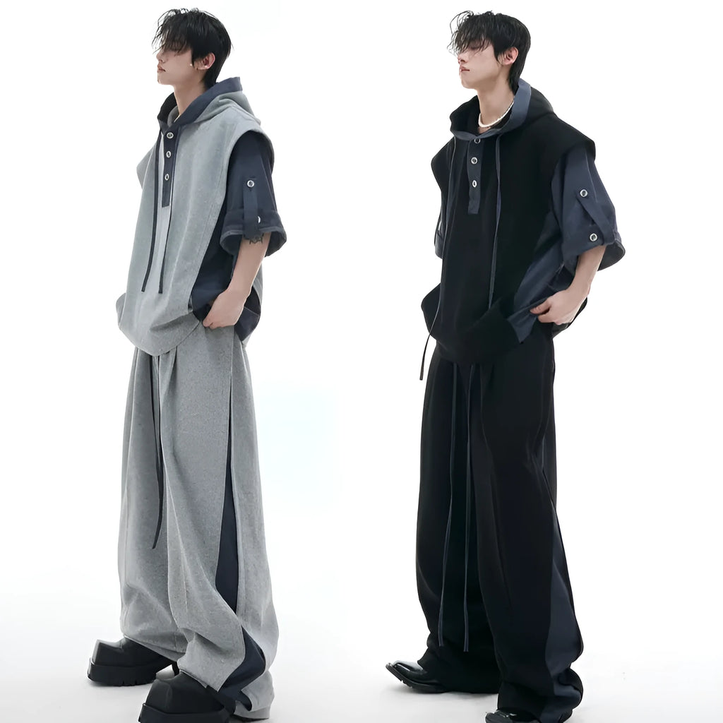 Men's black hooded short sleeve sports jacket and trousers set with three-dimensional stitching details