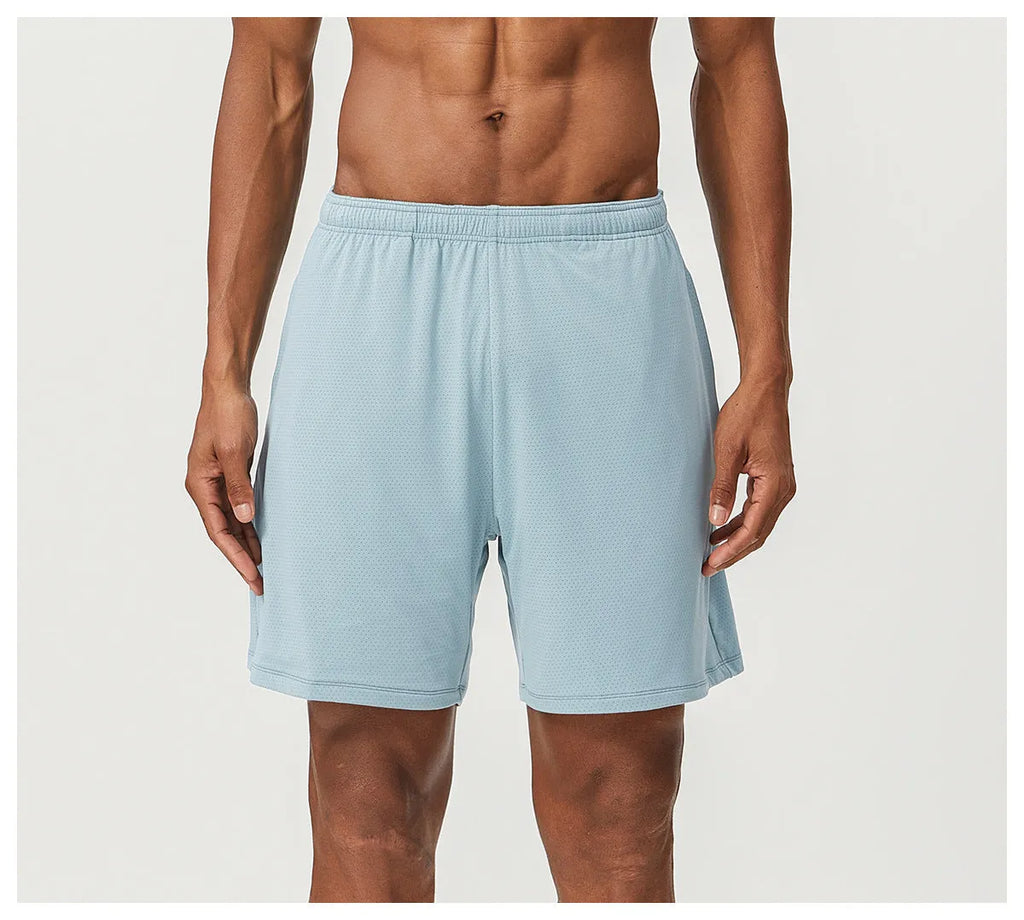 Men's quick-drying breathable running shorts in sky blue colour, showing double-layer construction and mid-waist fit.