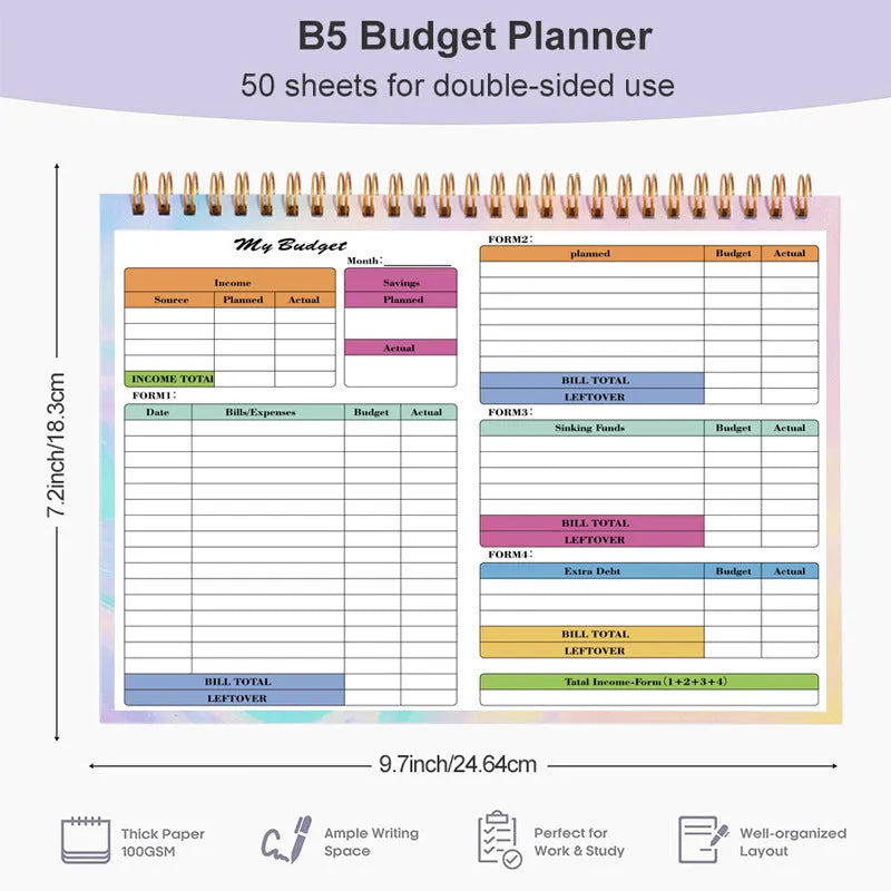 B5 budget tracking notebook with spiral binding and PP cover for income expenditure recording